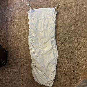 white scrunch side dress